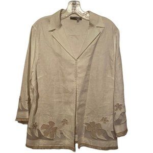 Jax Country Womens Blouse Beige 3/4 Sleeve Collared Embellished Linen 14 New